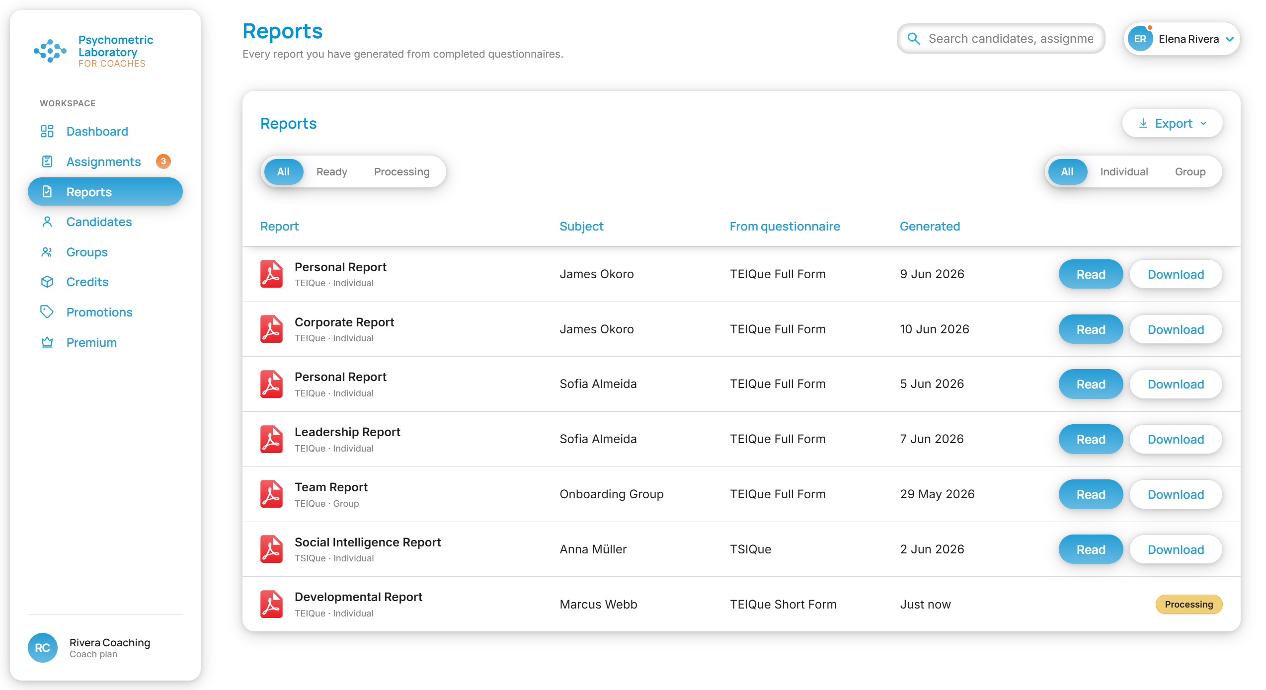 Reports list in the coach account