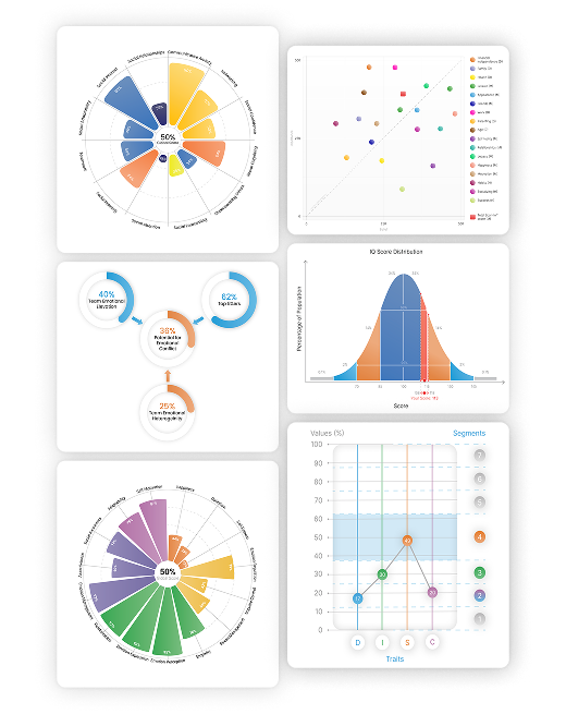 Facet charts, distributions and the score wheel from a TEIQue report